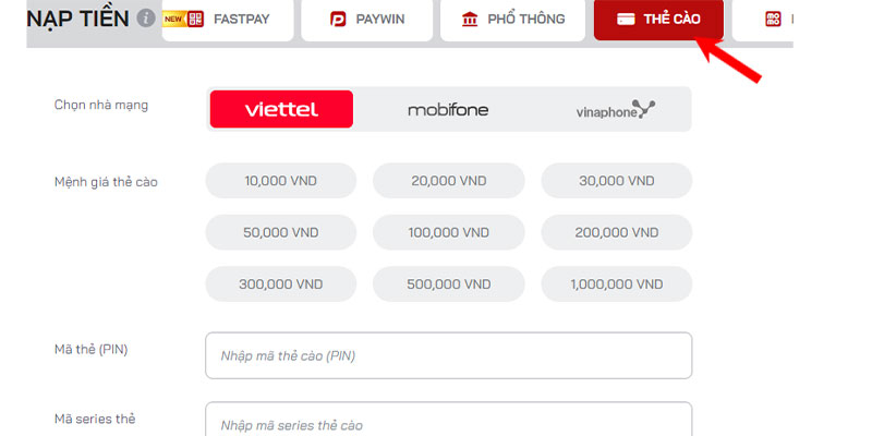 Nạp tiền red88 đơn giản qua thẻ cào