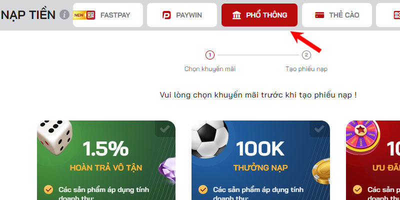 Nạp tiền red88 bằng hình thức phổ thông