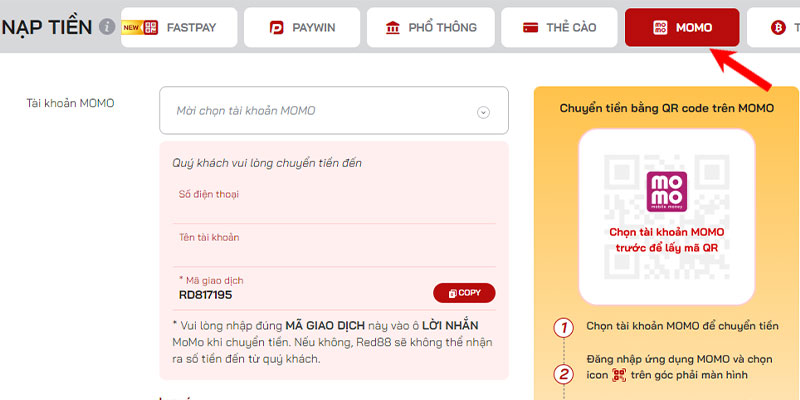 Nạp tiền red88 qua ví momo